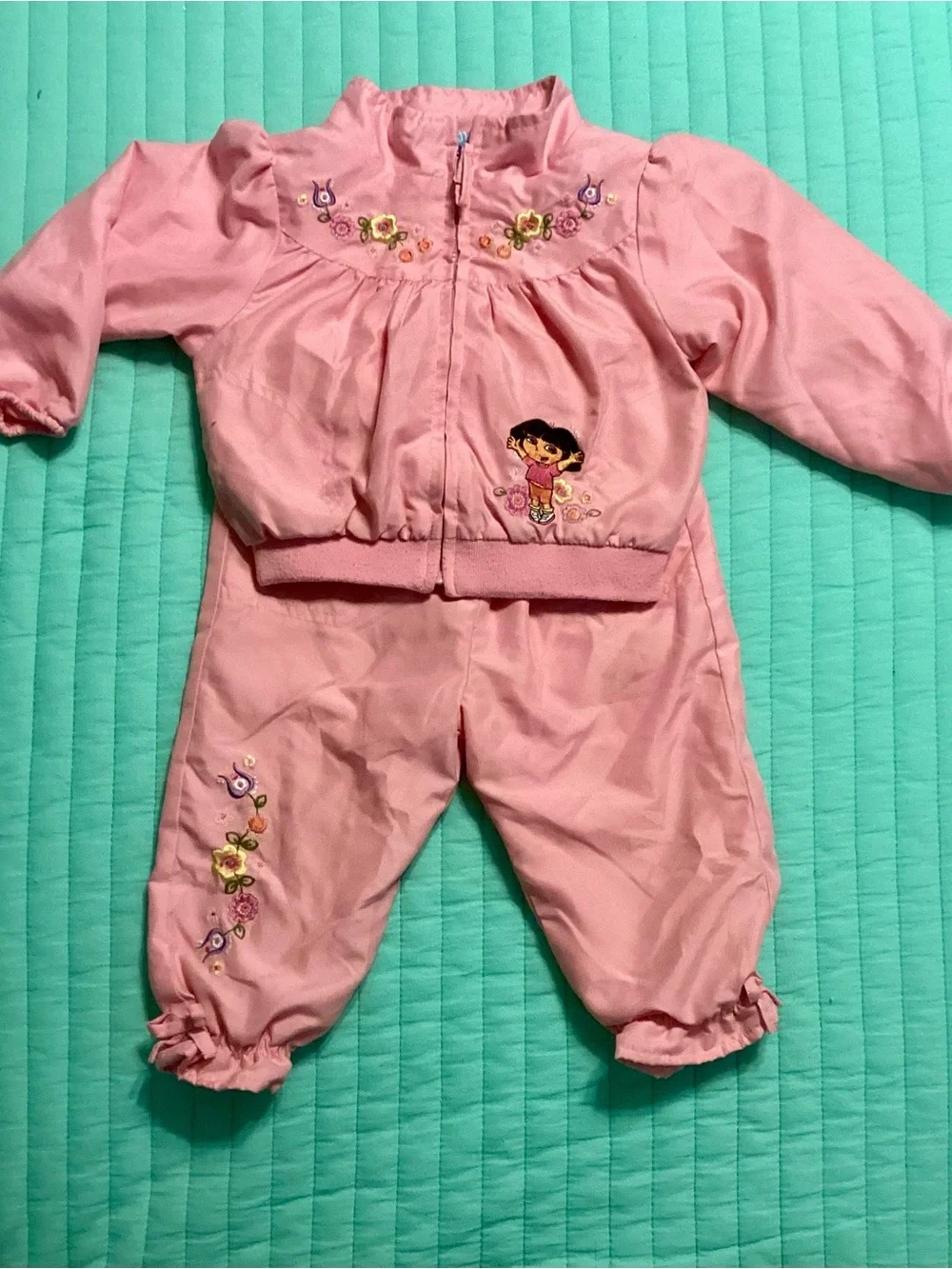 Pink Embroidered Girls' Two-Piece Jacket & Pant Set